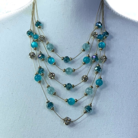 Glass Bead Crystal Necklace Cascade 5 Layer Faceted Sparkly By M. Haskell Blues - Picture 9 of 16